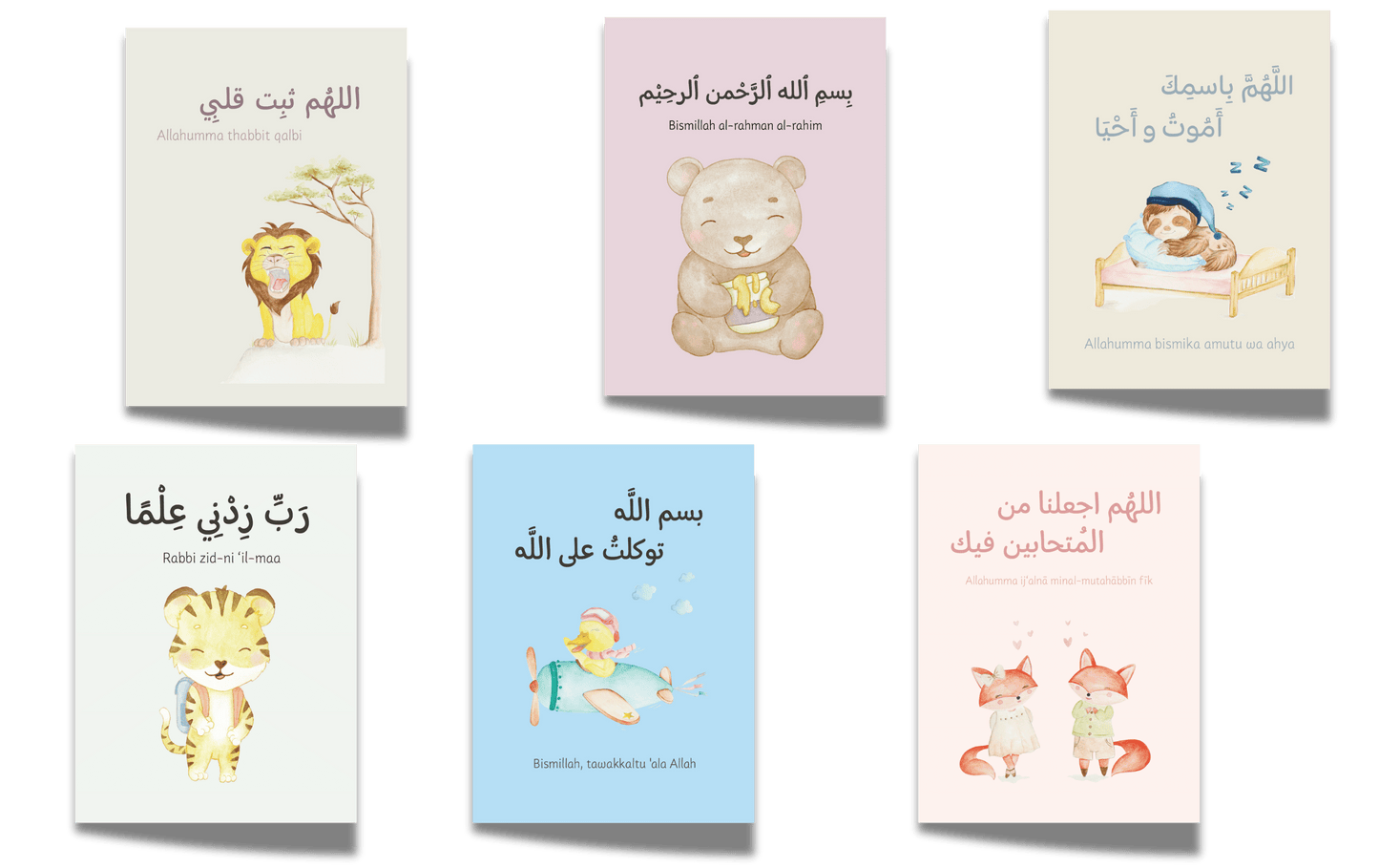 Islamic dua cards for kids spread on table showing daily supplications in Arabic
