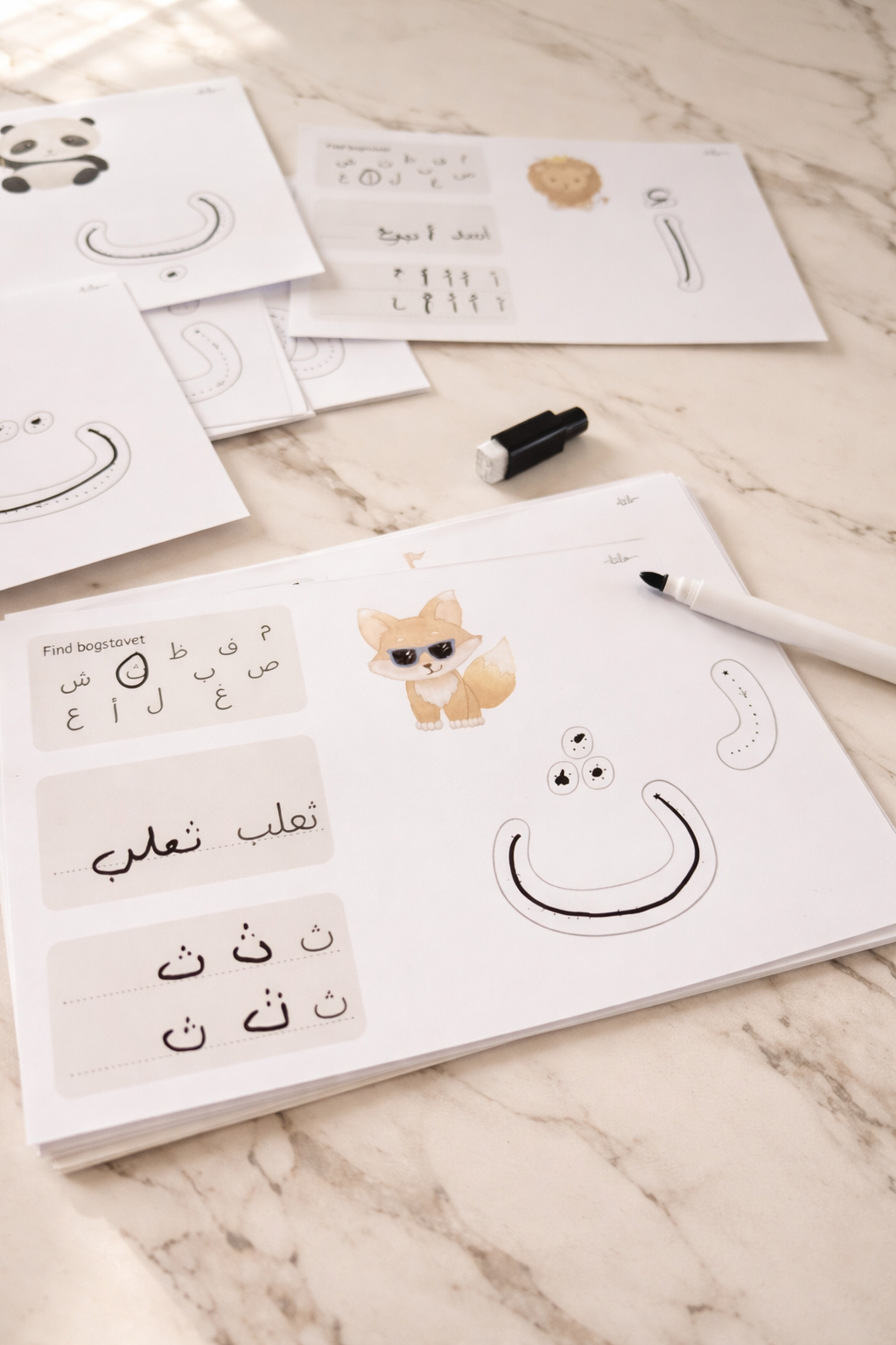 Reusable Arabic alphabet learning board with dry-erase marker